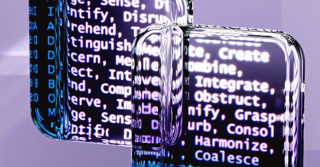 Abstract glass surfaces reflecting digital text create a mysterious tech ambiance.